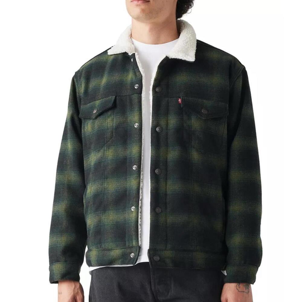 Levi's Sherpa Lined Snap Trucker Jacket Adult L Relaxed Fit Green Black Plaid
